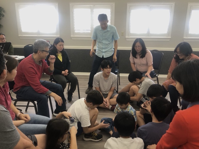 Church members praying together in a circle